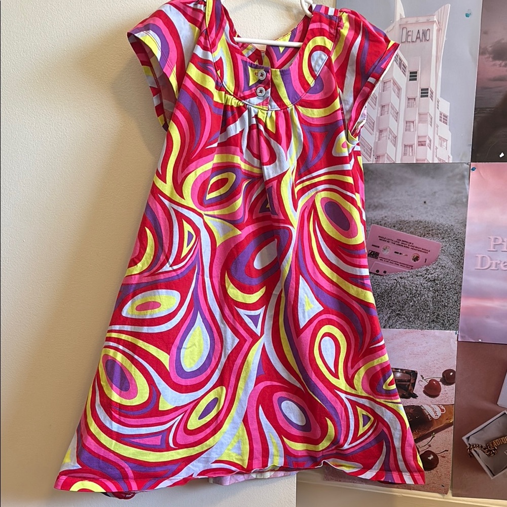Hanna Andersson Pink and Yellow Casual Sundress with Flutter Cap Sleeves